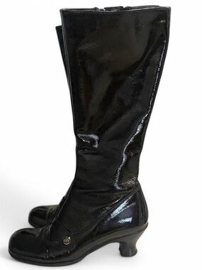 LA CANADIENNE BLACK FAUX LEATHER HEELED KNEE-HIGH BOOTS SIZE 5,5 US